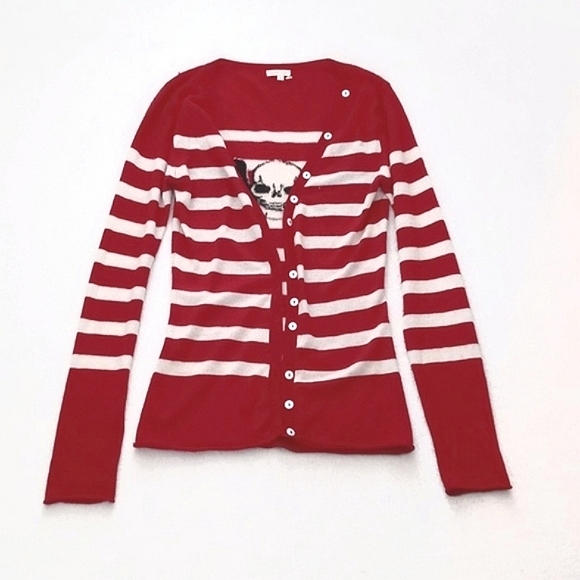 *Relisted* Cashmere & Silk Red White Stripe Long Sleeve Cardigan Skull on Back S - Picture 9 of 14